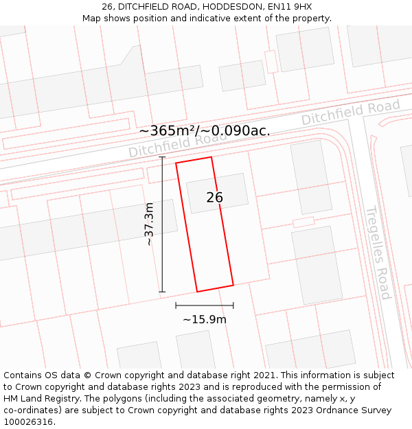 26, DITCHFIELD ROAD, HODDESDON, EN11 9HX: Plot and title map