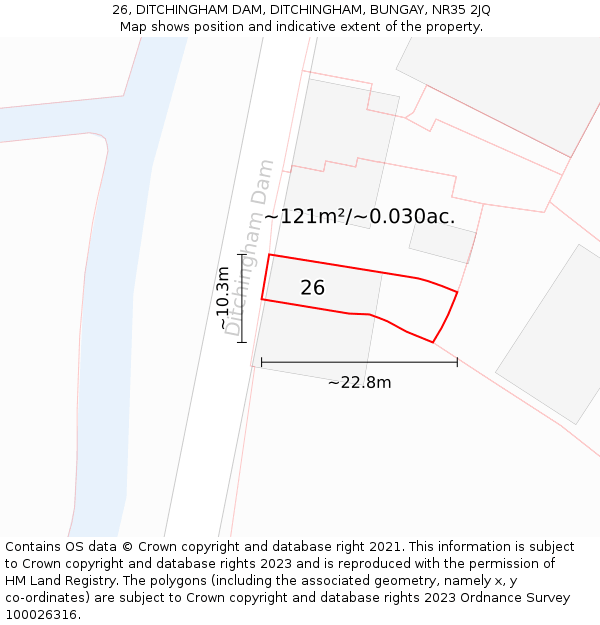 26, DITCHINGHAM DAM, DITCHINGHAM, BUNGAY, NR35 2JQ: Plot and title map