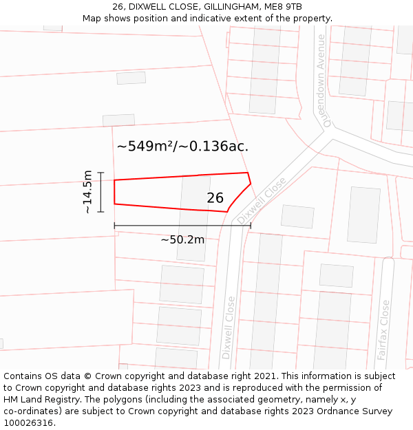 26, DIXWELL CLOSE, GILLINGHAM, ME8 9TB: Plot and title map