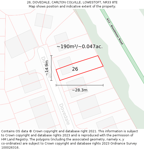 26, DOVEDALE, CARLTON COLVILLE, LOWESTOFT, NR33 8TE: Plot and title map