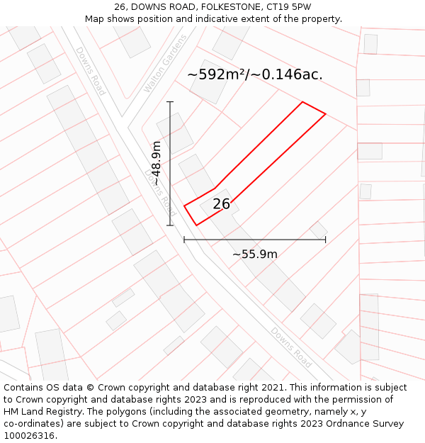 26, DOWNS ROAD, FOLKESTONE, CT19 5PW: Plot and title map