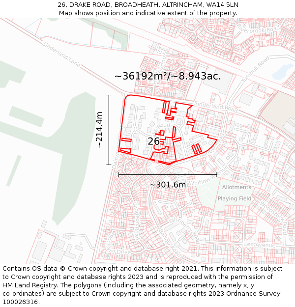 26, DRAKE ROAD, BROADHEATH, ALTRINCHAM, WA14 5LN: Plot and title map