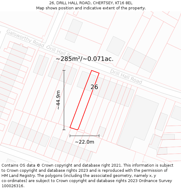 26, DRILL HALL ROAD, CHERTSEY, KT16 8EL: Plot and title map