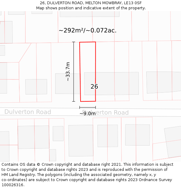 26, DULVERTON ROAD, MELTON MOWBRAY, LE13 0SF: Plot and title map