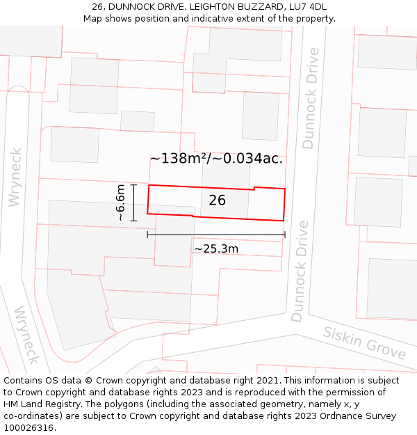 26, DUNNOCK DRIVE, LEIGHTON BUZZARD, LU7 4DL: Plot and title map