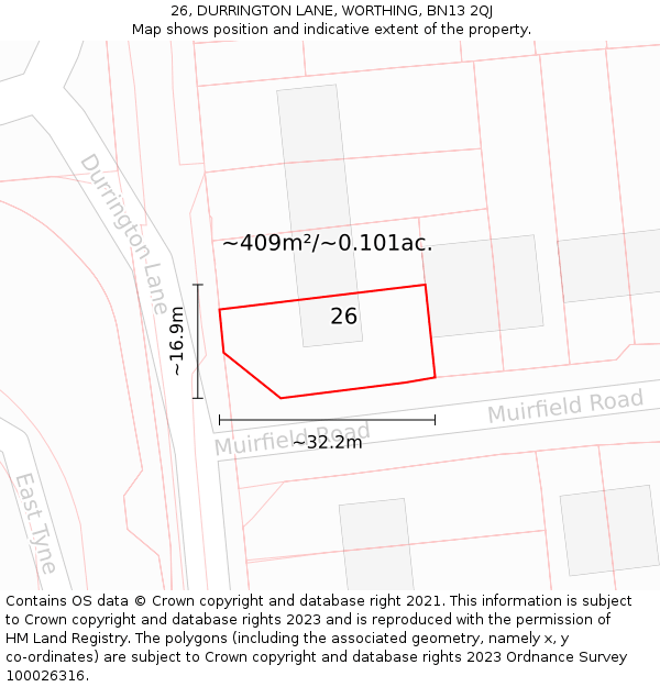 26, DURRINGTON LANE, WORTHING, BN13 2QJ: Plot and title map