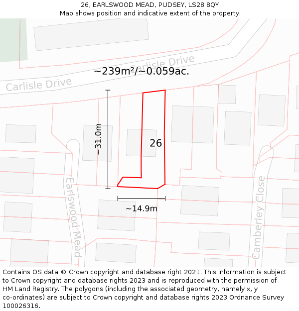 26, EARLSWOOD MEAD, PUDSEY, LS28 8QY: Plot and title map