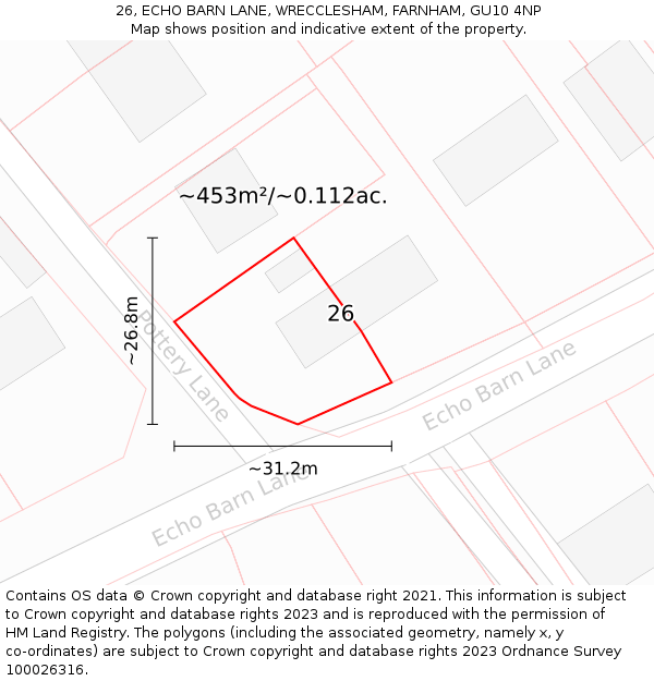 26, ECHO BARN LANE, WRECCLESHAM, FARNHAM, GU10 4NP: Plot and title map