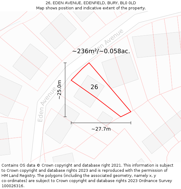 26, EDEN AVENUE, EDENFIELD, BURY, BL0 0LD: Plot and title map