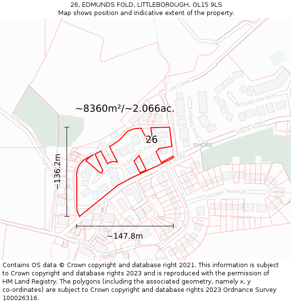 26, EDMUNDS FOLD, LITTLEBOROUGH, OL15 9LS: Plot and title map
