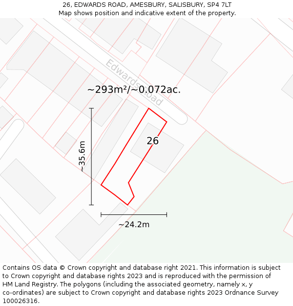 26, EDWARDS ROAD, AMESBURY, SALISBURY, SP4 7LT: Plot and title map