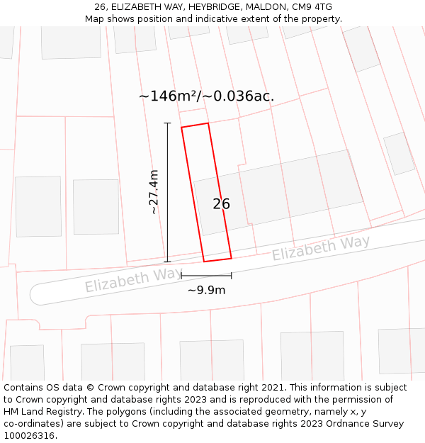 26, ELIZABETH WAY, HEYBRIDGE, MALDON, CM9 4TG: Plot and title map