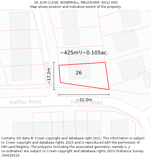 26, ELM CLOSE, BOWERHILL, MELKSHAM, SN12 6SD: Plot and title map