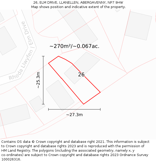 26, ELM DRIVE, LLANELLEN, ABERGAVENNY, NP7 9HW: Plot and title map