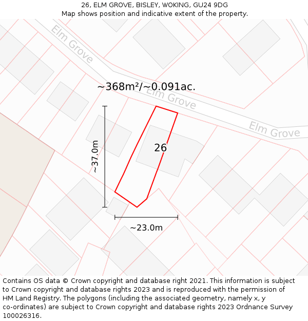 26, ELM GROVE, BISLEY, WOKING, GU24 9DG: Plot and title map