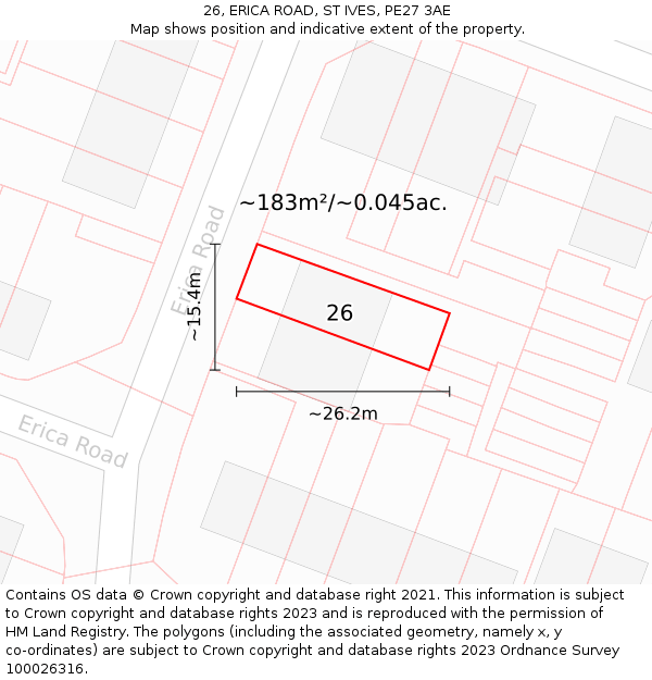 26, ERICA ROAD, ST IVES, PE27 3AE: Plot and title map