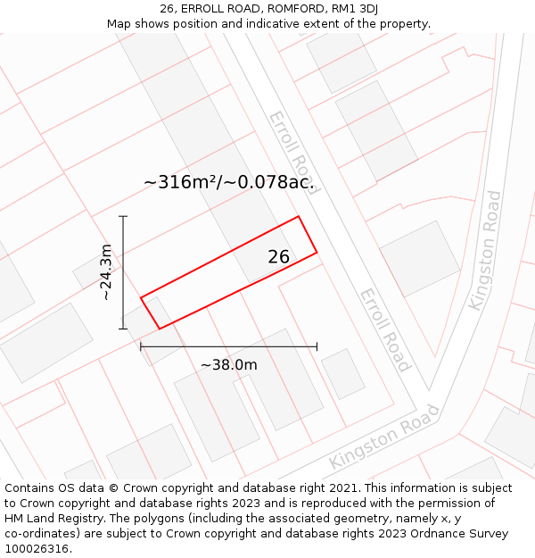 26, ERROLL ROAD, ROMFORD, RM1 3DJ: Plot and title map