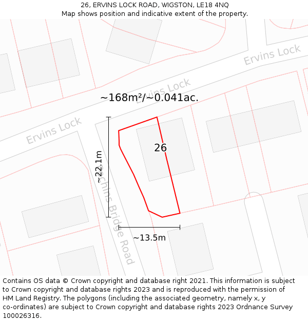 26, ERVINS LOCK ROAD, WIGSTON, LE18 4NQ: Plot and title map