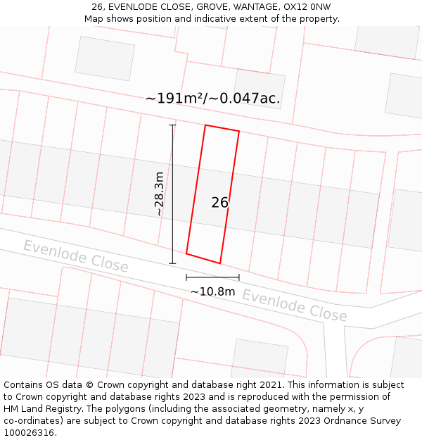26, EVENLODE CLOSE, GROVE, WANTAGE, OX12 0NW: Plot and title map