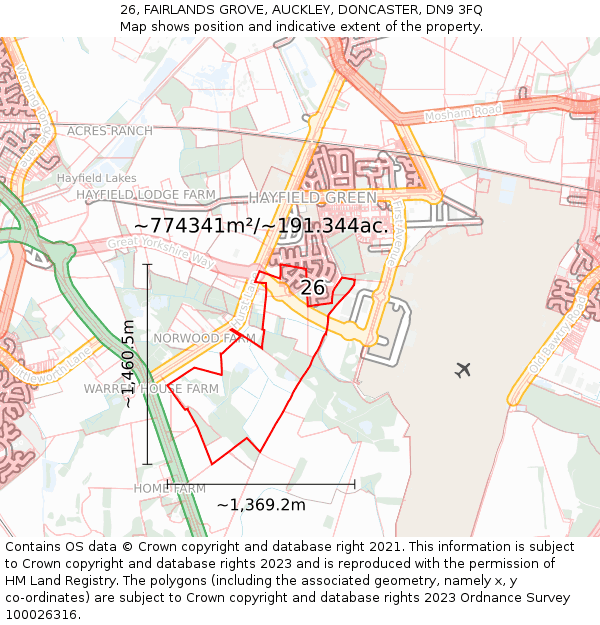 26, FAIRLANDS GROVE, AUCKLEY, DONCASTER, DN9 3FQ: Plot and title map