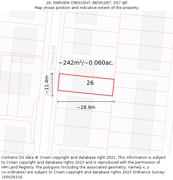 26, FAIRVIEW CRESCENT, BENFLEET, SS7 4JP: Plot and title map