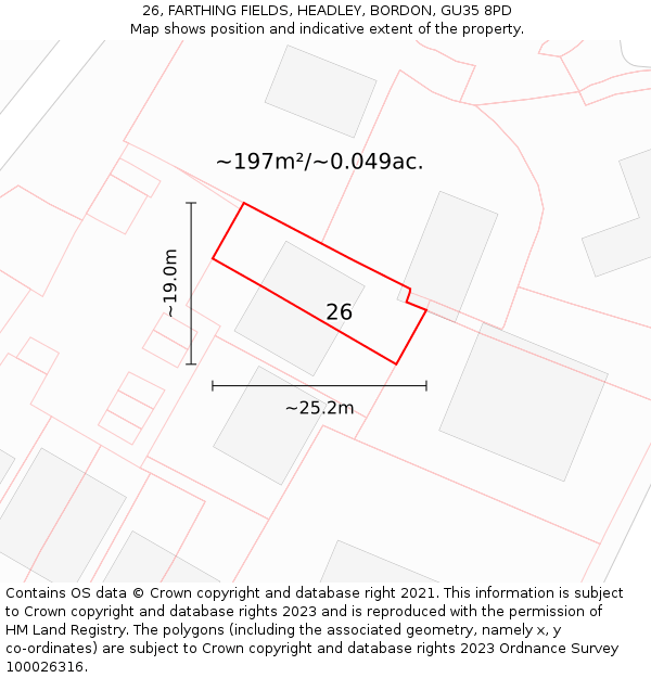 26, FARTHING FIELDS, HEADLEY, BORDON, GU35 8PD: Plot and title map