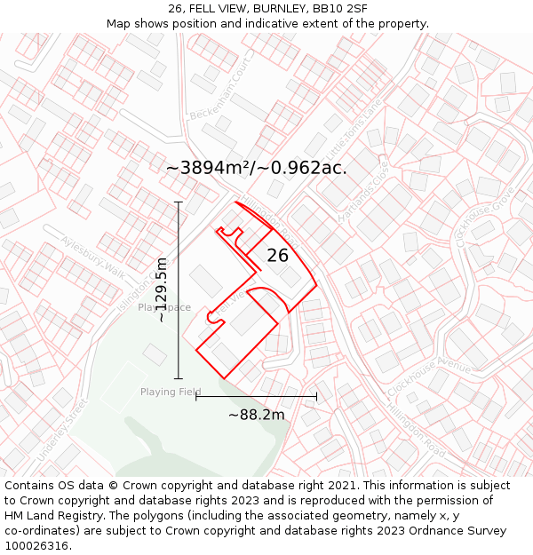 26, FELL VIEW, BURNLEY, BB10 2SF: Plot and title map