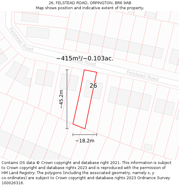 26, FELSTEAD ROAD, ORPINGTON, BR6 9AB: Plot and title map