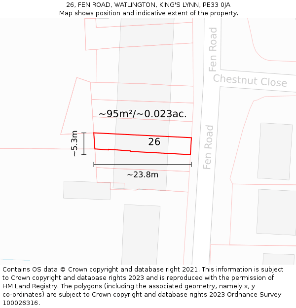 26, FEN ROAD, WATLINGTON, KING'S LYNN, PE33 0JA: Plot and title map