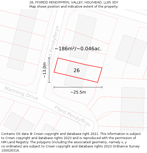 26, FFORDD PENDYFFRYN, VALLEY, HOLYHEAD, LL65 3DY: Plot and title map