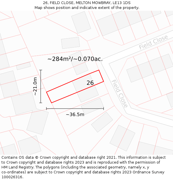 26, FIELD CLOSE, MELTON MOWBRAY, LE13 1DS: Plot and title map