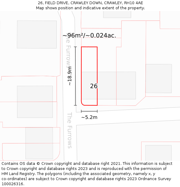 26, FIELD DRIVE, CRAWLEY DOWN, CRAWLEY, RH10 4AE: Plot and title map