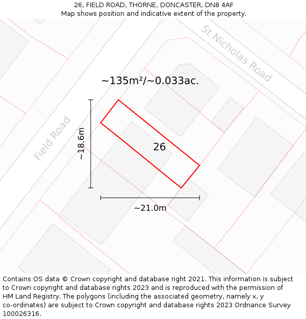 26, FIELD ROAD, THORNE, DONCASTER, DN8 4AF: Plot and title map