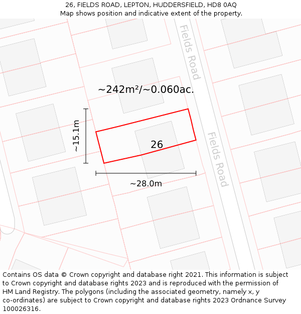 26, FIELDS ROAD, LEPTON, HUDDERSFIELD, HD8 0AQ: Plot and title map