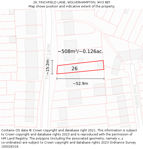 26, FINCHFIELD LANE, WOLVERHAMPTON, WV3 8EF: Plot and title map