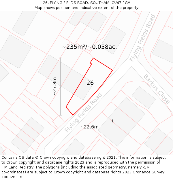 26, FLYING FIELDS ROAD, SOUTHAM, CV47 1GA: Plot and title map