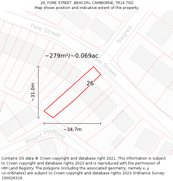 26, FORE STREET, BEACON, CAMBORNE, TR14 7SD: Plot and title map