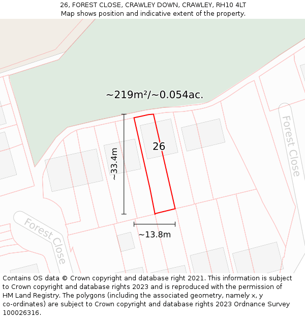 26, FOREST CLOSE, CRAWLEY DOWN, CRAWLEY, RH10 4LT: Plot and title map