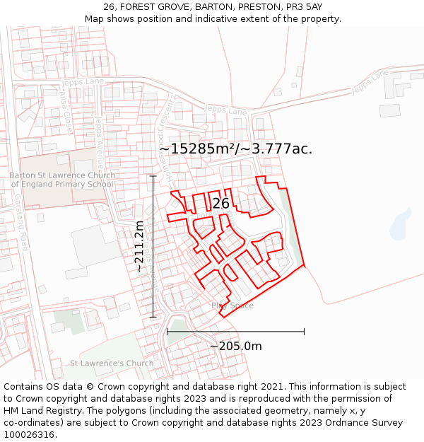 26, FOREST GROVE, BARTON, PRESTON, PR3 5AY: Plot and title map