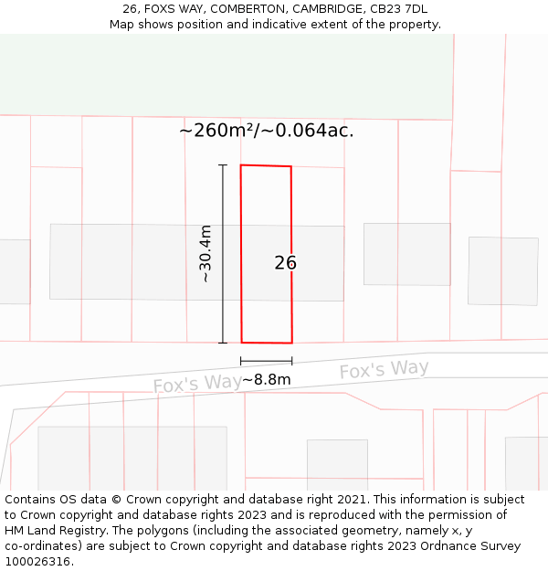 26, FOXS WAY, COMBERTON, CAMBRIDGE, CB23 7DL: Plot and title map