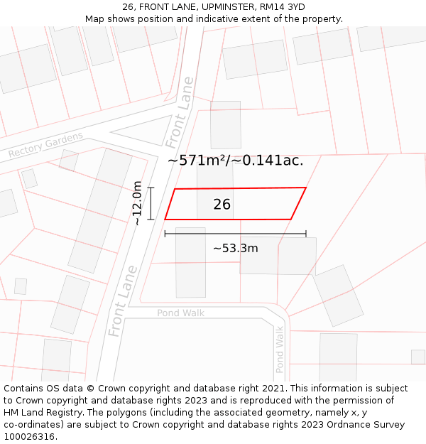 26, FRONT LANE, UPMINSTER, RM14 3YD: Plot and title map