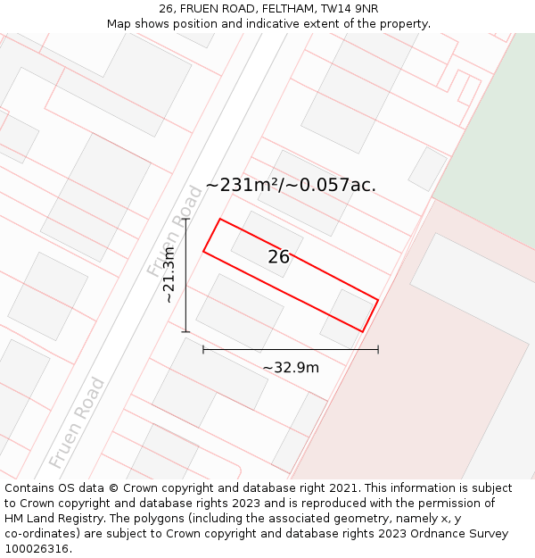 26, FRUEN ROAD, FELTHAM, TW14 9NR: Plot and title map