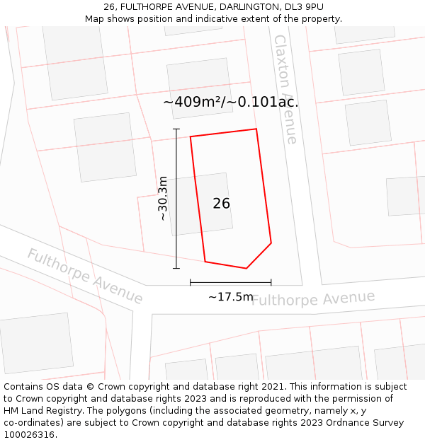 26, FULTHORPE AVENUE, DARLINGTON, DL3 9PU: Plot and title map