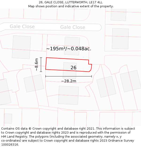 26, GALE CLOSE, LUTTERWORTH, LE17 4LL: Plot and title map