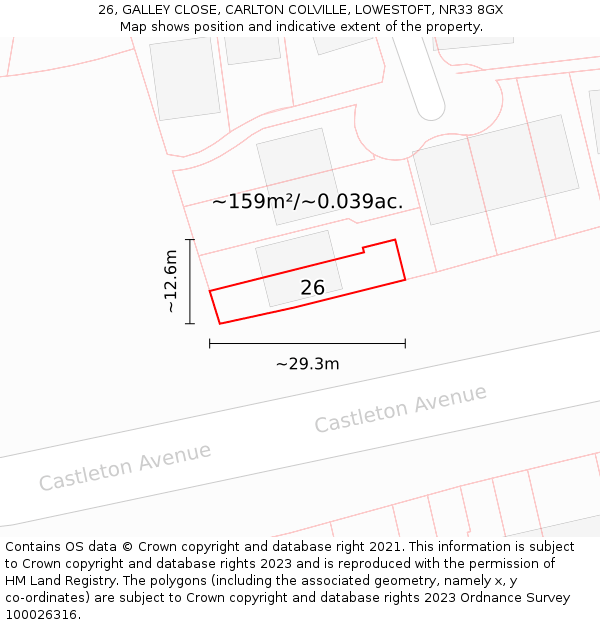 26, GALLEY CLOSE, CARLTON COLVILLE, LOWESTOFT, NR33 8GX: Plot and title map