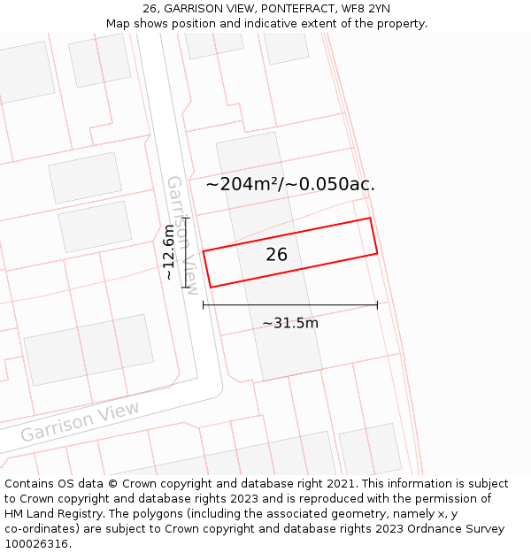 26, GARRISON VIEW, PONTEFRACT, WF8 2YN: Plot and title map