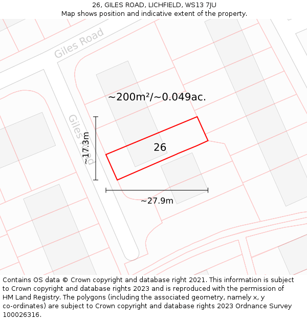 26, GILES ROAD, LICHFIELD, WS13 7JU: Plot and title map
