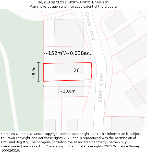 26, GLADE CLOSE, NORTHAMPTON, NN3 9SN: Plot and title map