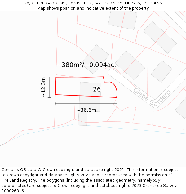 26, GLEBE GARDENS, EASINGTON, SALTBURN-BY-THE-SEA, TS13 4NN: Plot and title map