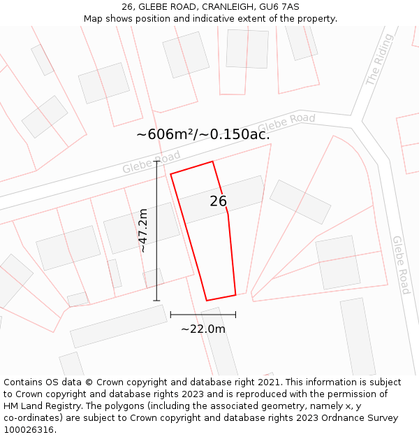 26, GLEBE ROAD, CRANLEIGH, GU6 7AS: Plot and title map